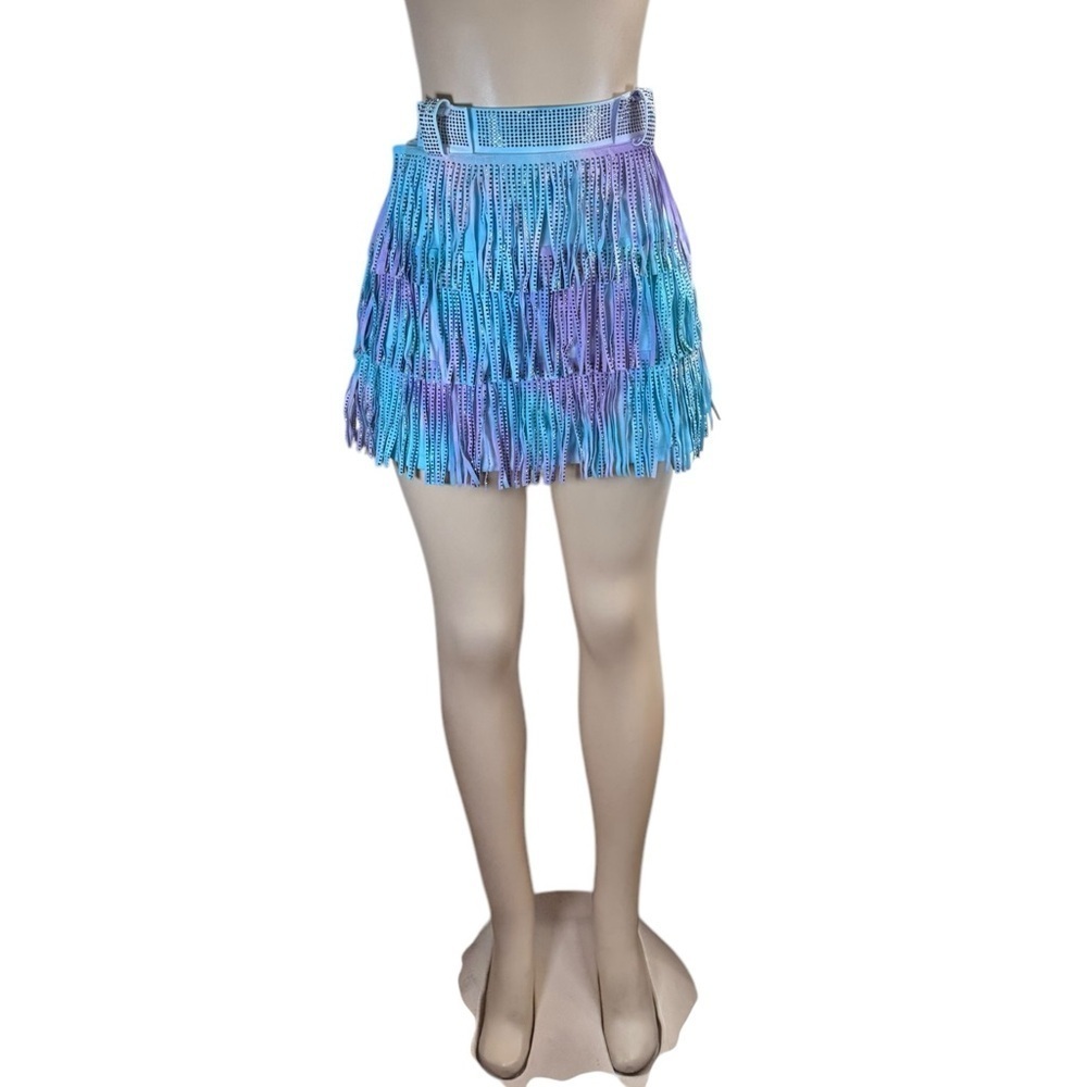 Nylon apparel. Blue Ruffled Mini Skirt for Cocktail Nights